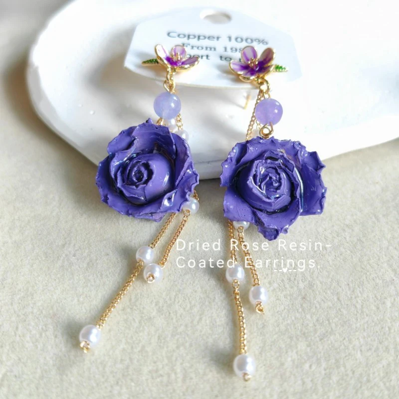 Elegant Immortal Rose Long Earrings Epoxy Resin Real Rose Flower 13