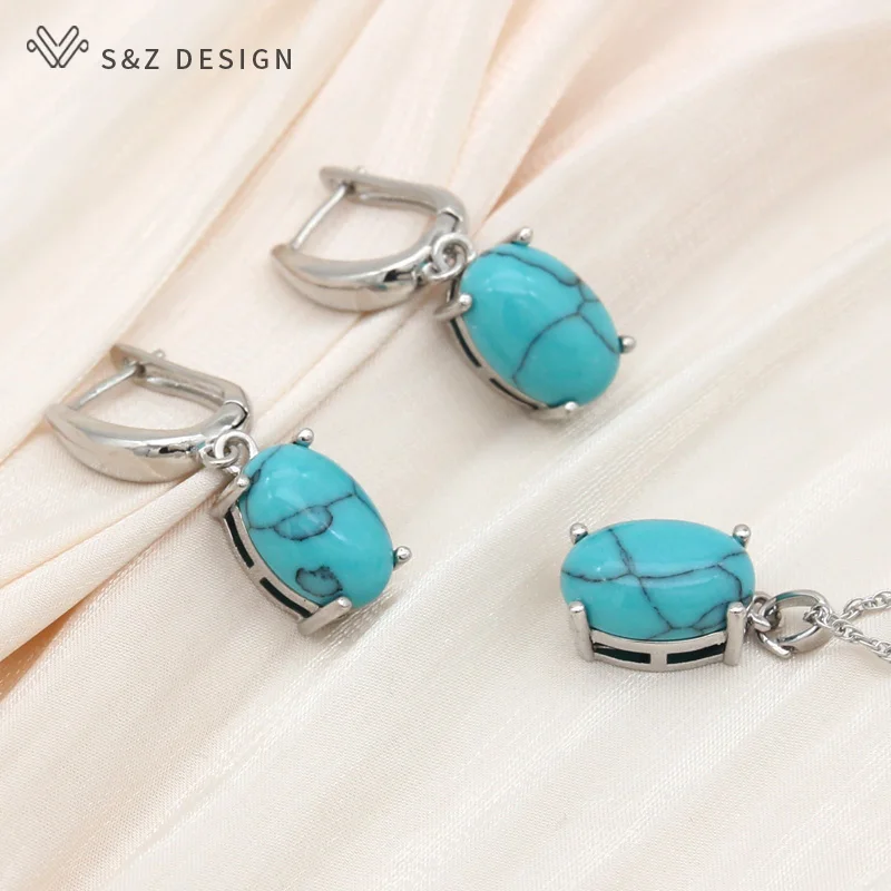 S&Z DESIGN New Turquoises Oval Egg Shape 585 Rose Gold Color Dangle Earrings Jewelry Sets For Women Fashion Pendant Necklace