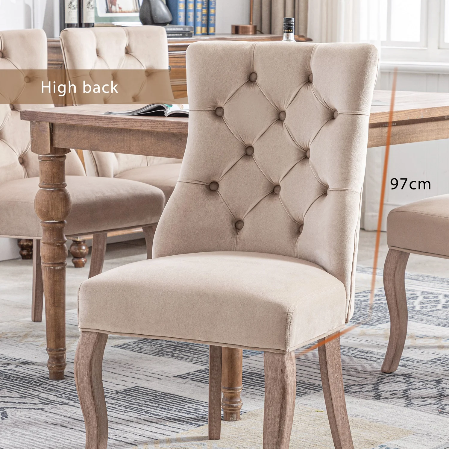 1 Pair of Elegant 4-foot Chair, Beige Velvet Dining Chair, High Backrest, With Button Padding, Solid Wood Frame, Beige – Detail 5