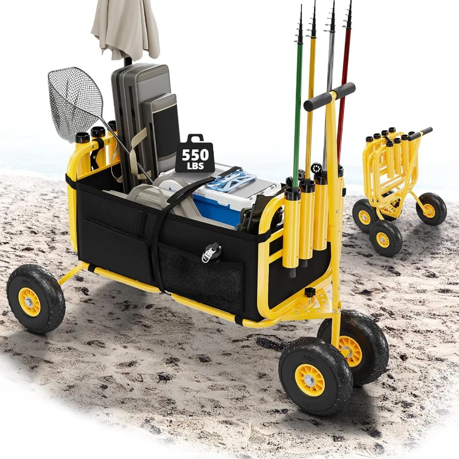 Beach Fishing Cart with 11 Big NOFlat Airless Tires for Easy Transport on Sand Foldable Beach Wagon Trolley Featuring Large Car
