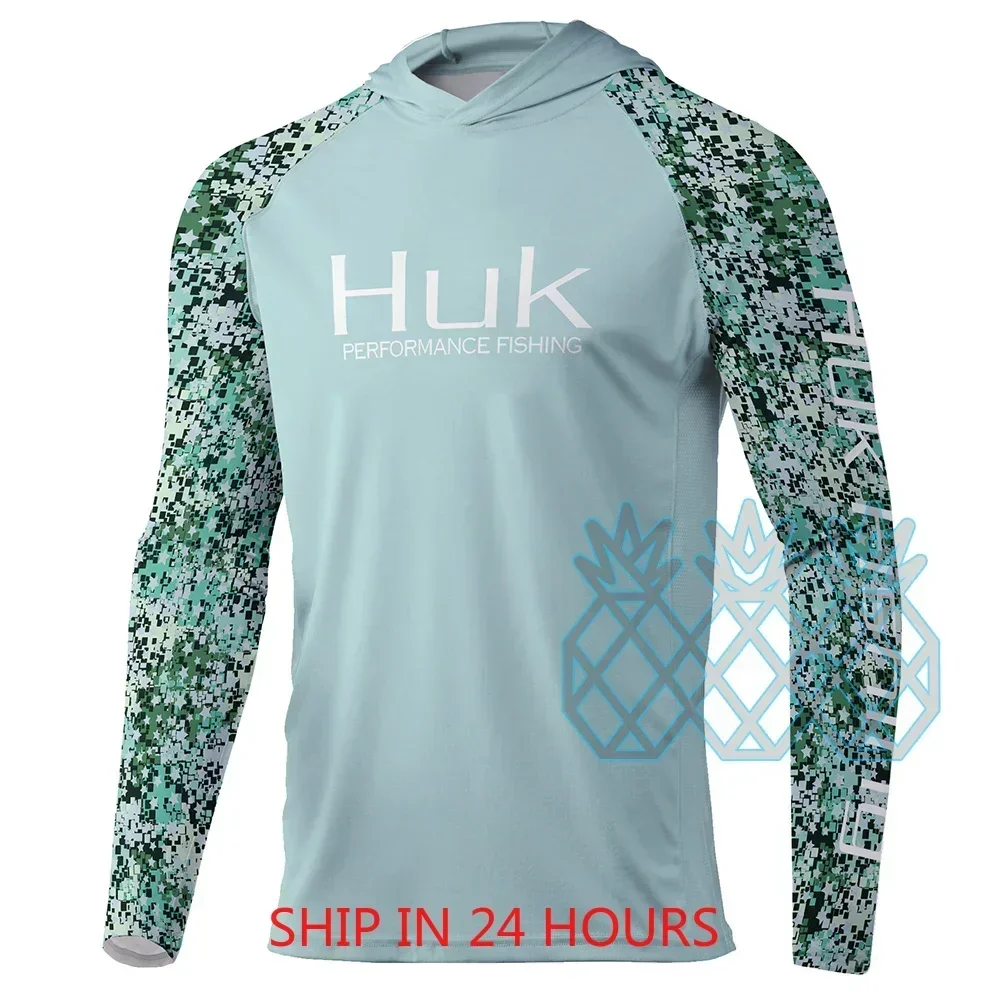 HUK 남성용 낚시 후드티 긴팔 자외선 차단 기능성 셔츠 야외 모기 방지 통기성 낚시 의류 장비