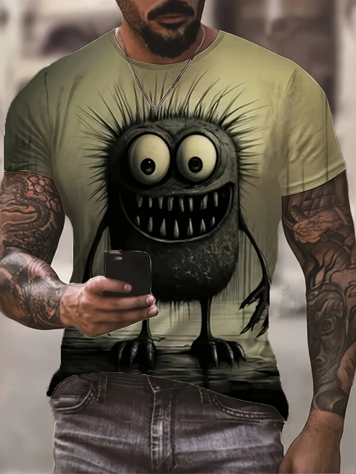 thumbnail image 1 of Camiseta de manga corta con cuello redondo y estampado gráfico de monstruo para hombre, ropa para hombre para verano, tejido de mezcla de poliéster suave y ligeramente elástico, 1 of 4