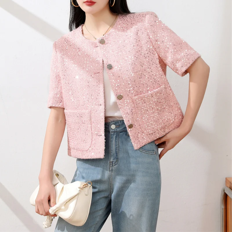 Women Round Neck Sequined Tweed Small Fragrance Coat High Quality Korean Elegant Chic Wild Shiny Short Sleeve Jacket Summer 1374