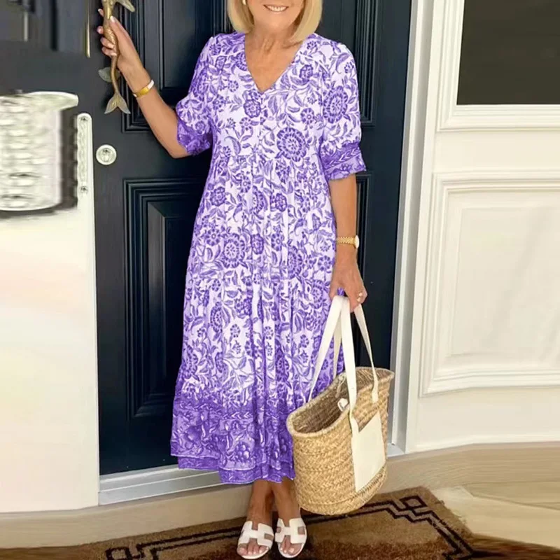 

Женское платье с коротким рукавом, V-образным вырезом и цветочным принтом