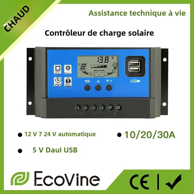 Contrôleur de charge de panneau solaire 12V 24V PWM MPPT 10A 20A 30A, régulateur de charge de batterie automobile, sortie USB 5V, PV max 50V DC 1