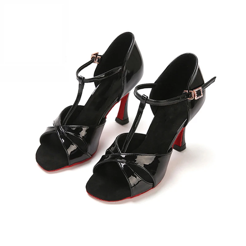 Professional Latin Dance Shoes Women Black Leather Lady Ballroom Salsa Red Soft Sole Practice Performance Competition Shoes