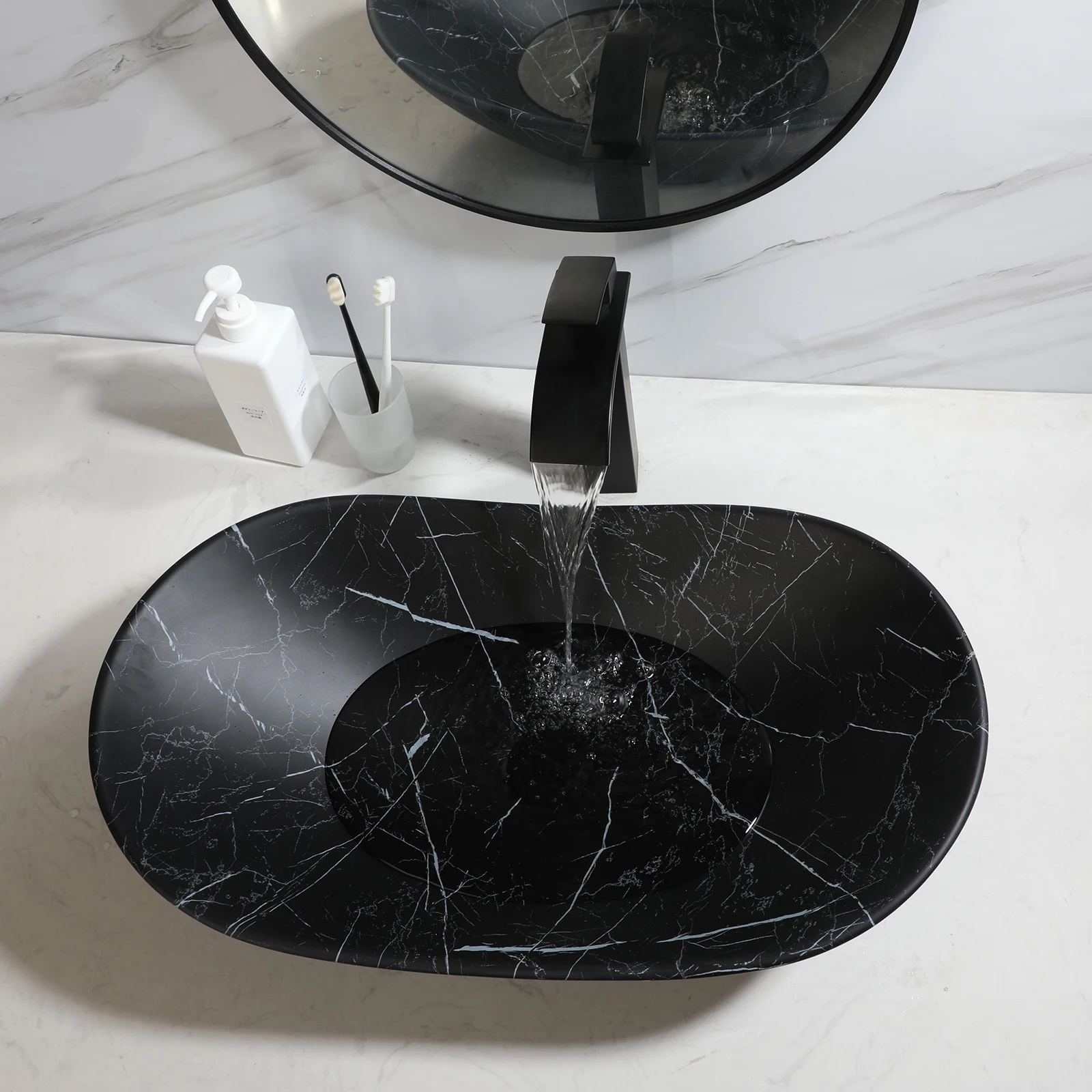 KEMAIDI Black Ceramic Vessel Sink with Faucet and Drain Combo 24 inch Oval Above Counter Bathroom Sink Bowl with Marbling Basin 5