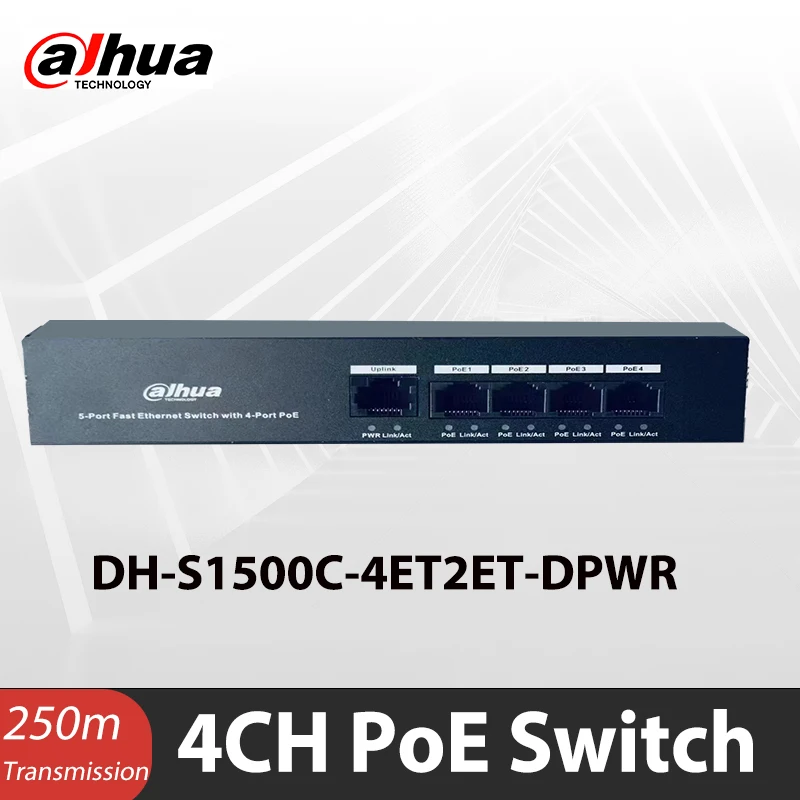 

Dahua 4ports PoE Switch DH-S1500C-4ET2ET-DPWR 4CH Ethernet Power Switch Support 802.3af 802.3at POE POEPower Supply 100MBS
