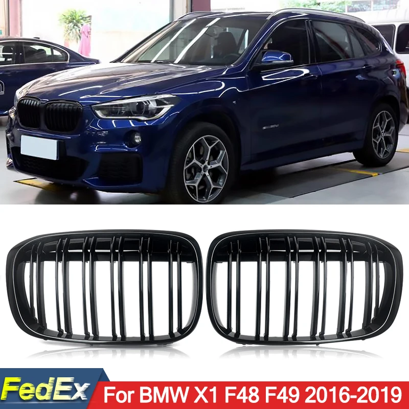 Double Line Car Front Bumper Kidney Grilles Compatible with BMW X1 F48 F49 Racing Grille Glossy Black 1 Pair