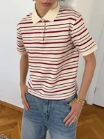 Sumuyoo Women's Retro Striped Polo T-Shirt Loose Fit Short Sleeve Casual Knitted Shirt Fashionable Summer Top for Ladies - Image 5