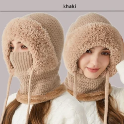 HT4330 Thick Warm Winter Hat Scarf Mask Set 3 in 1 Multifuction Knitted Hat with Scarf Lady Fleece Lined Beanie Hat Earflap Caps