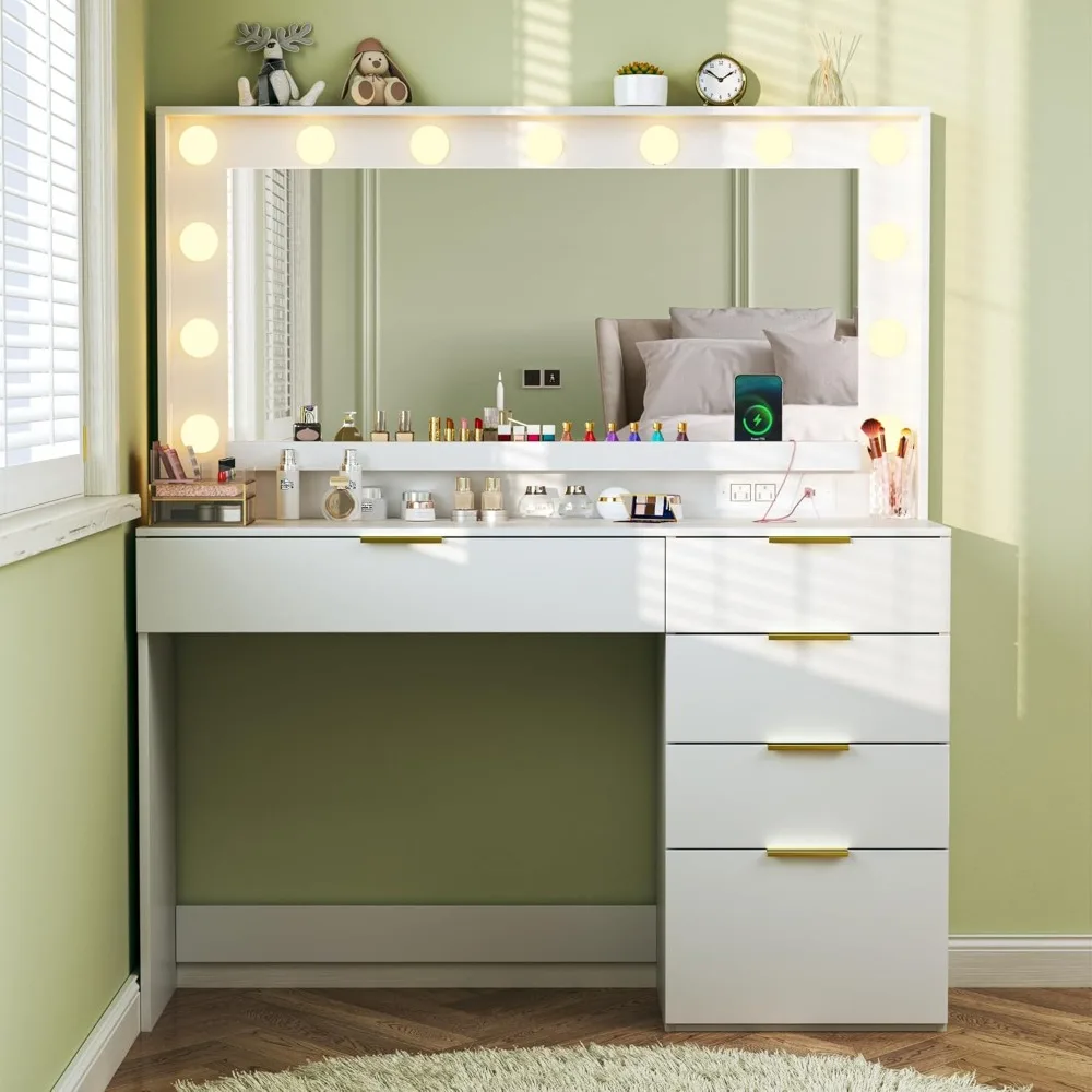 Makeup Vanity Desk with Lights & Large Mirror, 39.3in Vanity Desk with Mirror and Lights, 3 Lighting Color Adjustable, 5 Drawers 6
