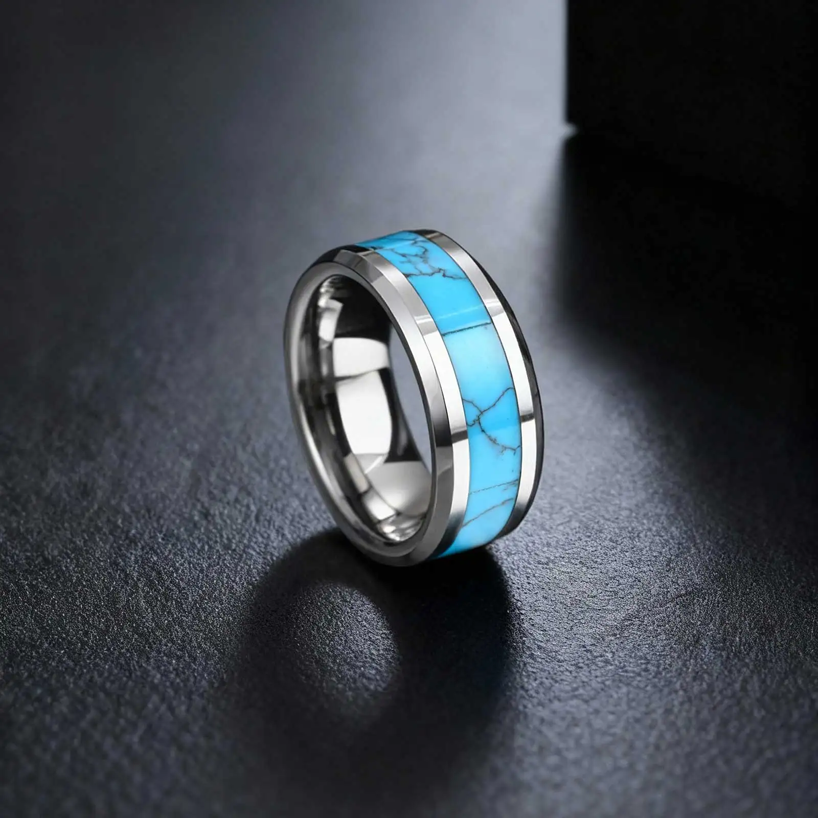 Einzigartige türkisfarbene Natursteinringe, 8 mm hochwertiger Wolframstahlring für Männer, Modeschmuck, Verlobung, Hochzeit