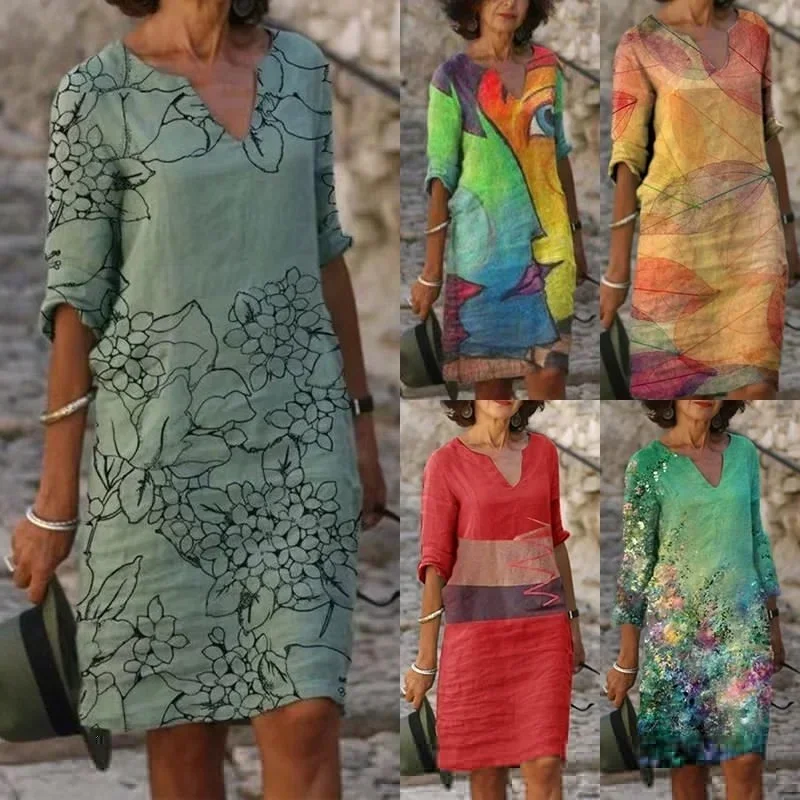 

S-5XL Fashion Women Summer Casual Printing Dress V-Neck Half Sleeve A-Line Dresses Female Retro Litera Vintage Loose Dress