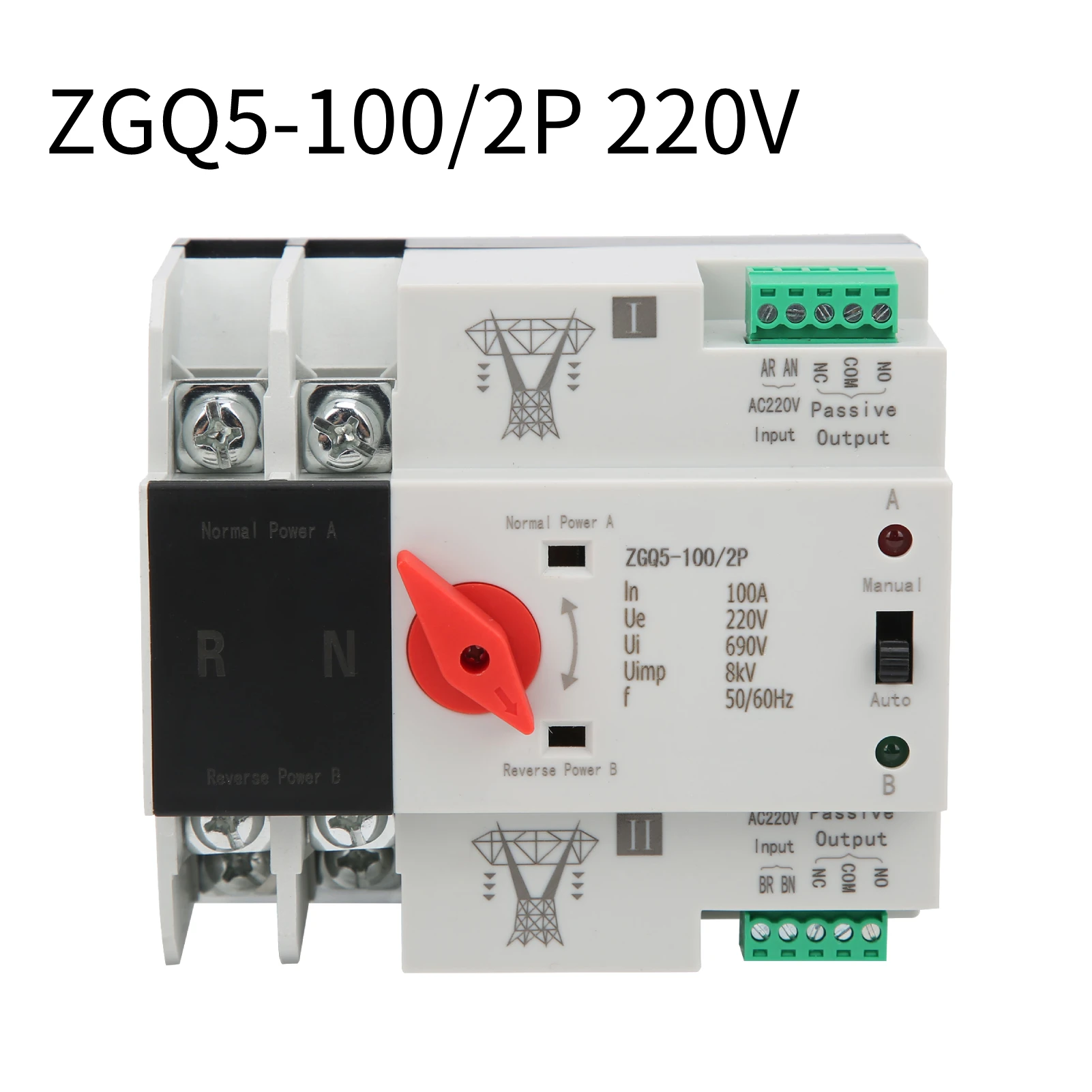 Interruttore Trasferimento Automatico ZGQ1M-63/2P - 220V, 63A, Per Generatore Di Emergenza