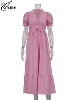 Oymimi Elegant White Cotton Womens Dresses Fashion Short Sleeve V-Neck Lace-Up Dresses Summer Loose Ankle-Length Dress Female - Image 5