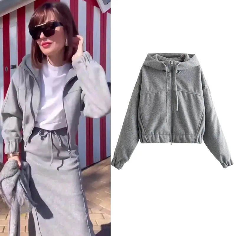 

TRAF Grey Hooded Sweatshirts Sets For Women Fashion Front Zip-Up Streetwear Woman Elegant Long Sleeves New Aesthetic Clothing