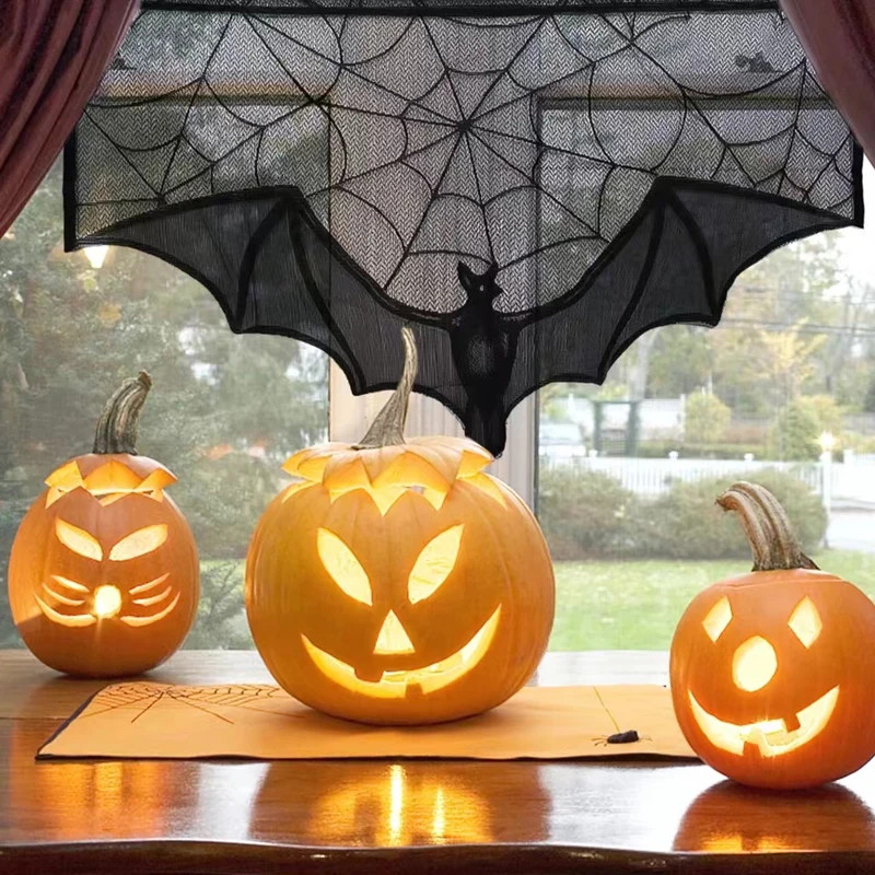 1 Piece of Halloween Lace Curtains Black Bat Spider Tablecloth Fireplace Stand Scarf Set Halloween Family Room Spider Web Horror Decoration halloween decoration