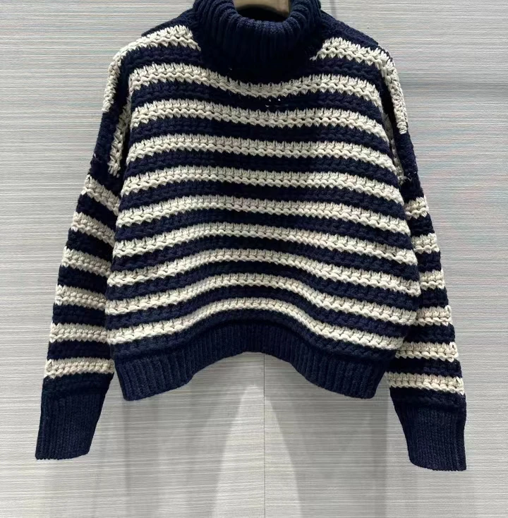 

2023 Autumn and winter new fashion temperament casual lazy casual elegant drop shoulder 100 striped turtleneck cashmere sweater