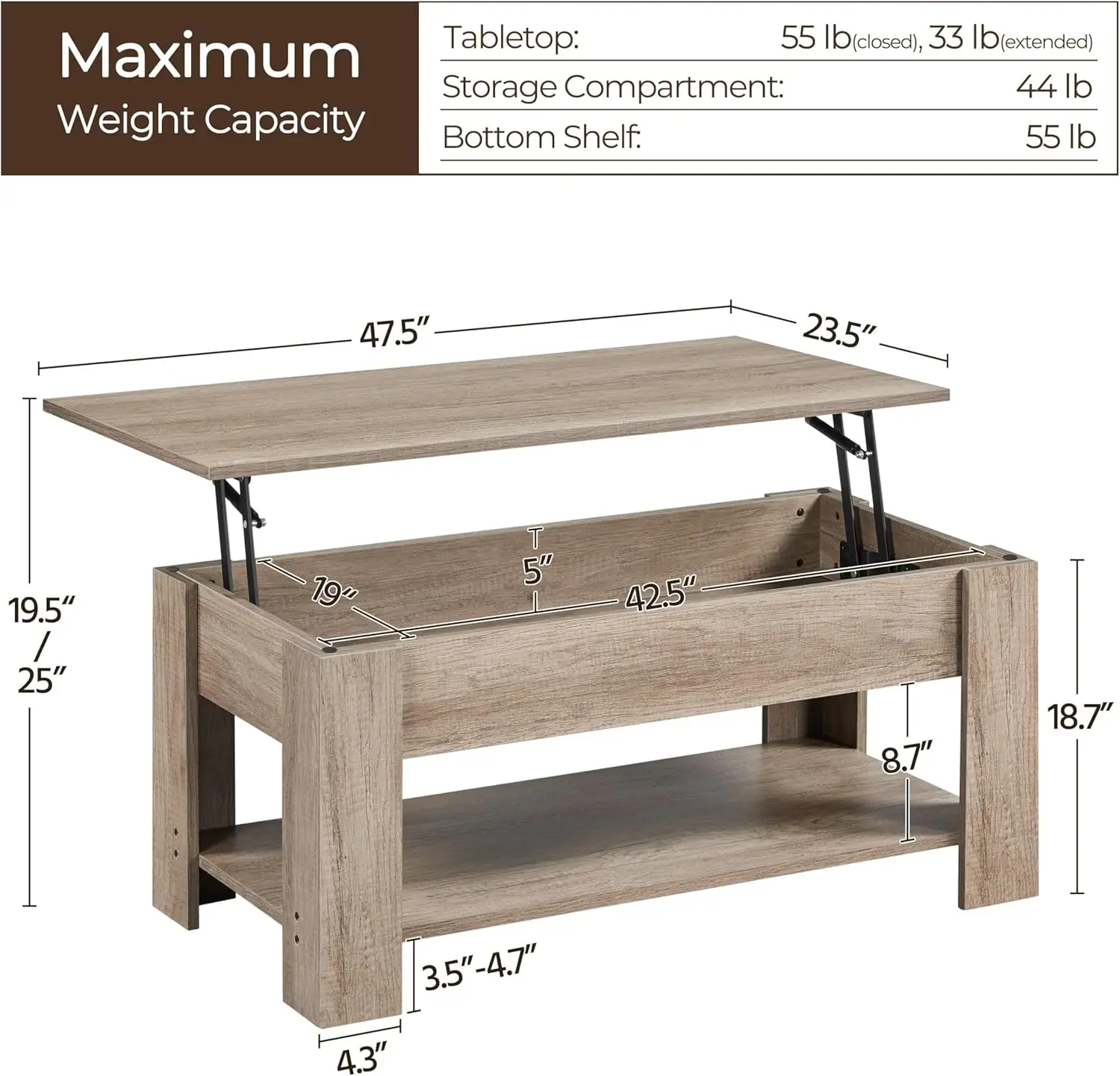 Lift Top Coffee Table with Hidden Compartment and Storage Shelf, Rising Tabletop Dining Table for Living Room Reception Room 4