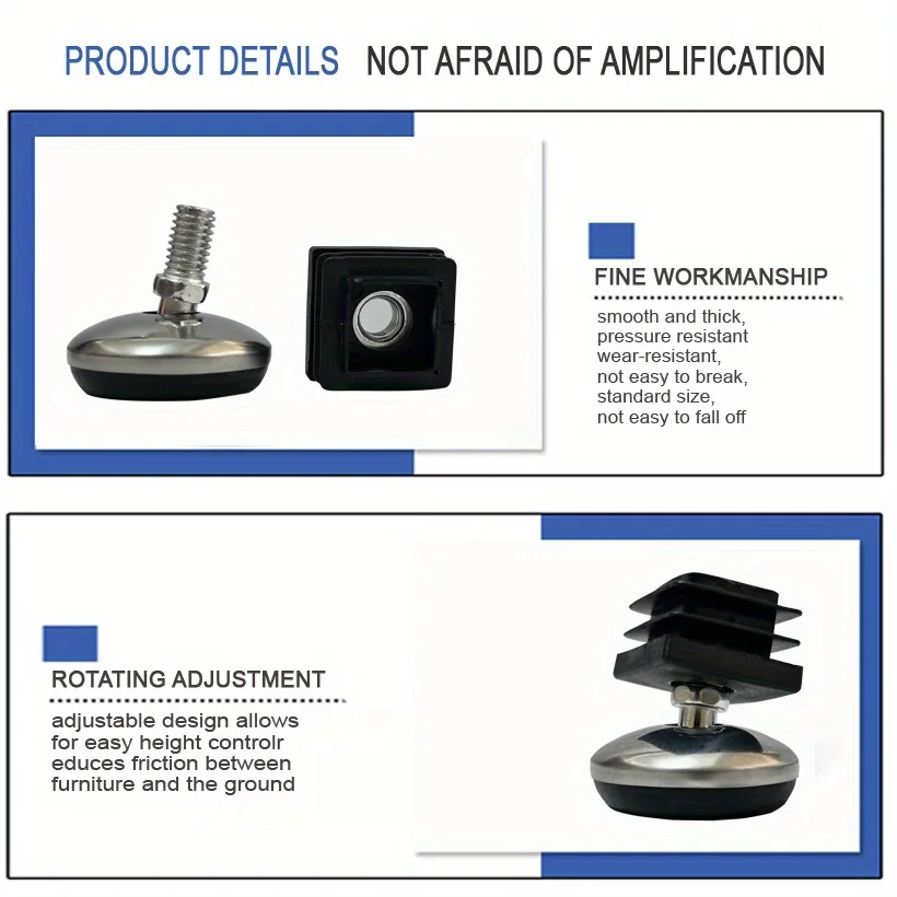 25mm furniture pipe end caps with M8 *13*40 stainless steel swing adjustment feet, 25mm square PE pipes inserted into nut plugs