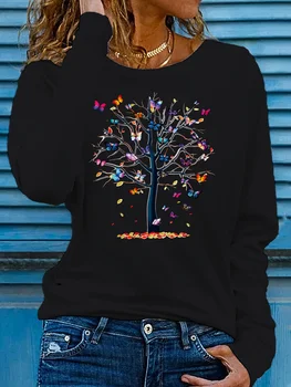 Ladies' Spring and Autumn Clothing Colorful Tree and Butterfly Printed T-shirt Long Sleeve Round Neck Casual Top 1