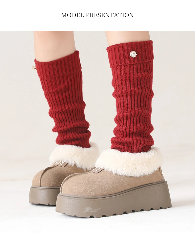 Gerippte Beinwärmer für Damen mit Deko-Knopf JK Echtwollmischung Knöchelbesatz Stiefelsocken Herbst Winter Fußabdeckung Druckfrei Y2k – Detail 9