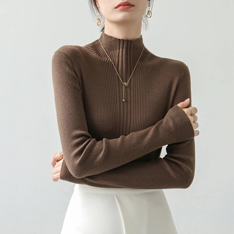 

Women's Knitted Tops Solid Colour Autumn Winter Half High Collar Slim Fashion Pullovers