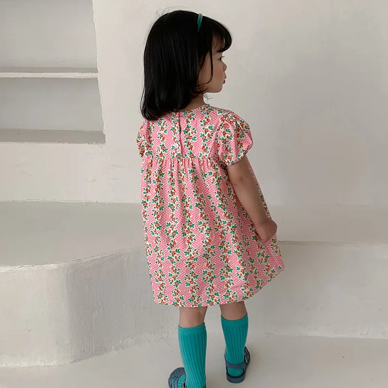 Summer Little Girl Fashion Flower Bubble Sleeve Dress Girl Korean Style Pure Cotton Casual Party Princess Dress Kids Clothes