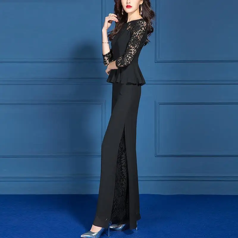 Women's Spring Autumn New Fashion Solid Color Round Neck Lace Splice Style Versatile 7/4 Sleeves Slim Fit Wide Leg Pants Suit