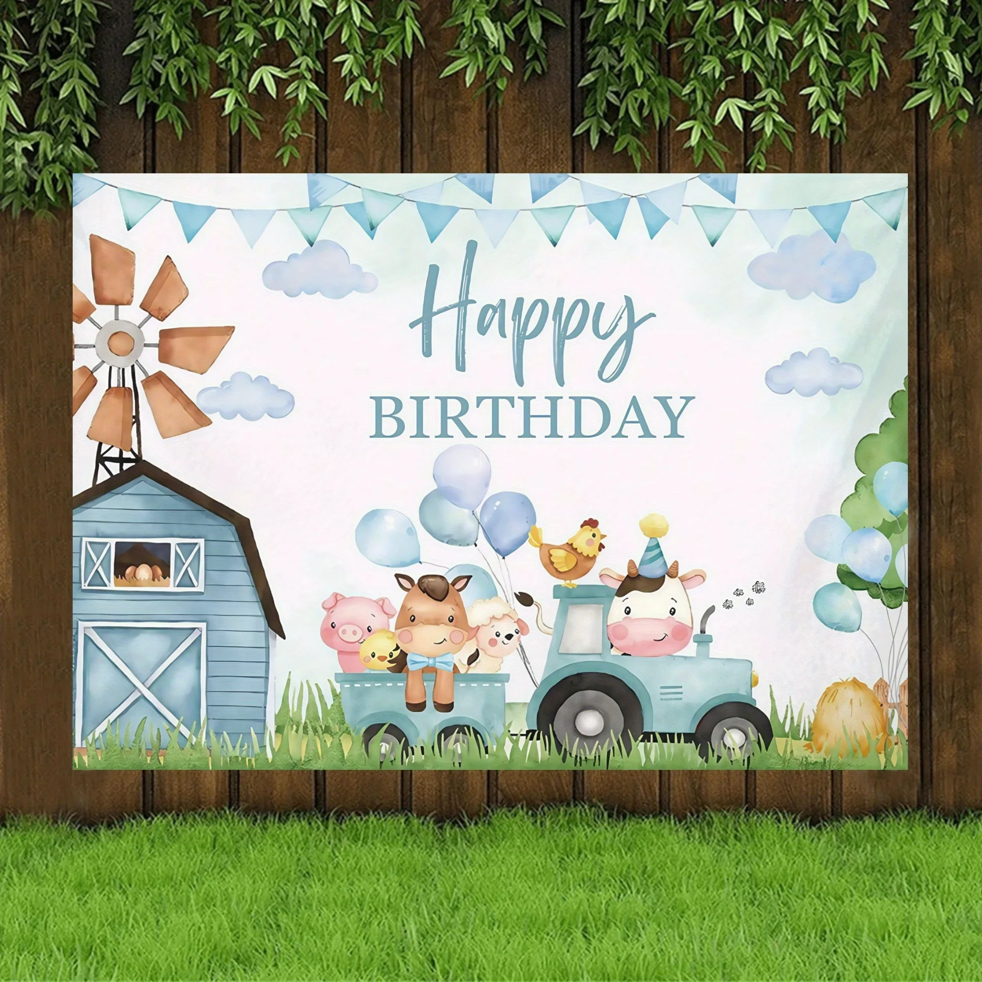 1 Stück süßer Bauernhof-Cartoon-Tier-Geburtstagshintergrund – Polyester-Partydekoration, blauer Himmel, weiße Wolken und altmodische Autos – Detail 8