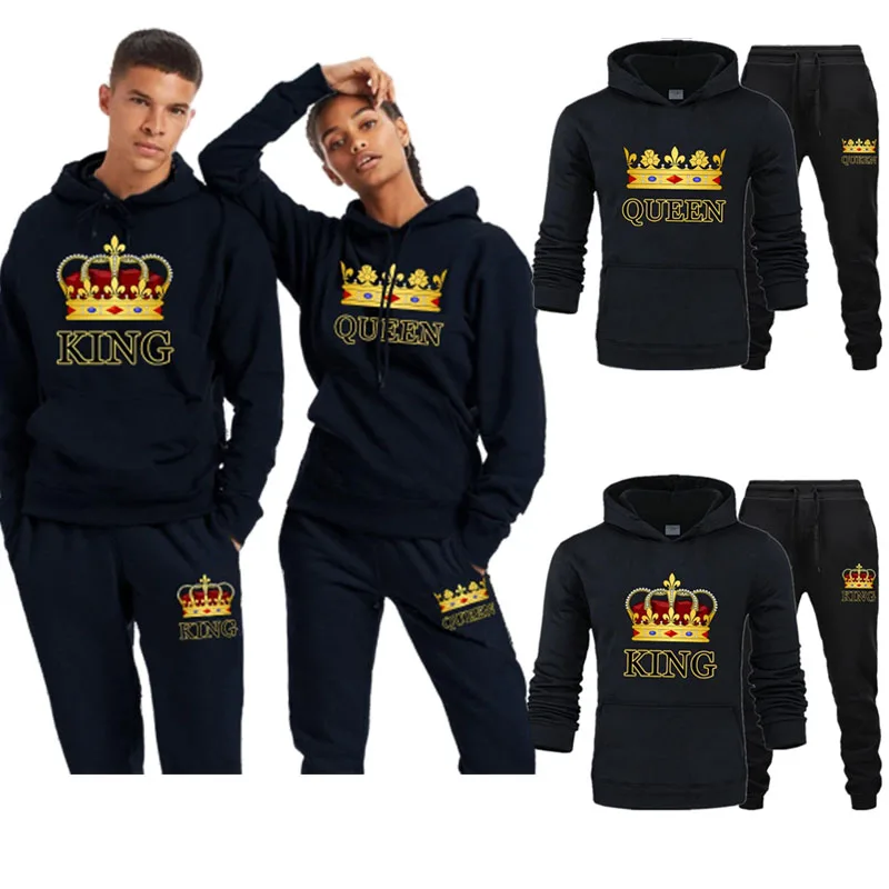 

New KING QUEEN Print Men Women Tracksuit Sets Casual Hoodie Jogger Pants 2pcs Sets Loose Causal Pullover Lover Couples Sportwear