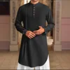 Arabic Malaysian Muslim Men's Button Shirts Cotton Linen Long Sleeve Tunics Pleated O-neck Jubba Thobe Solid Color Kurta Kamis