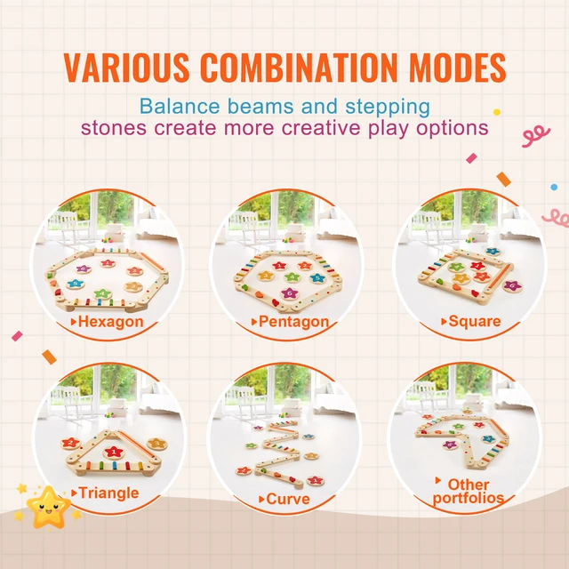 SucceBuy 6 PCS Balance Beam Stepping Stones Indoor Outdoor Wooden Toddler Balance Boards for Kids 2-6 Children Montessori Toy