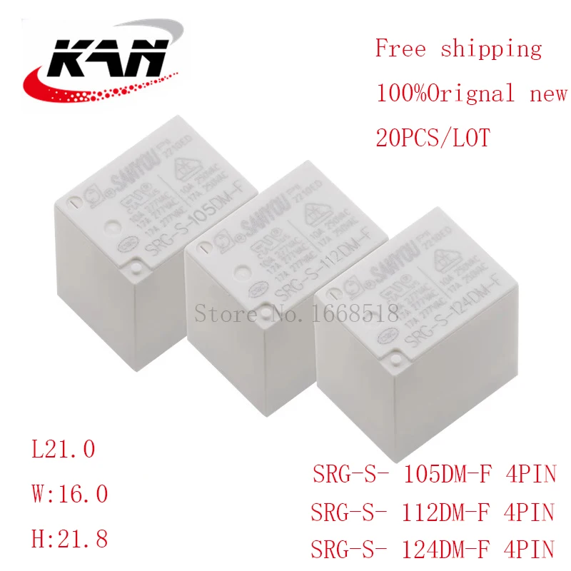 

Free shipping 20pcs electromagnetic relay SRG-S-105DM-F SRG-S-112DM-F SRG-S-124DM-F 5VDC 12VDC 24VDC 17A 277VAC 4PIN New