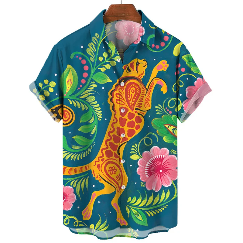 thumbnail image 1 of Camisa de manga corta con estampado 3D de leopardo y tigre para hombre, camisa informal de moda de verano, camisa de calle de gran tamaño, 1 of 5