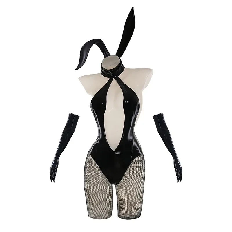 Sexy Bunny Girl Costume Women Sexy Cosplay Bunny Suit Black Hollow Leather Female Deep V Uniform Jumpsuits Christmas Gift