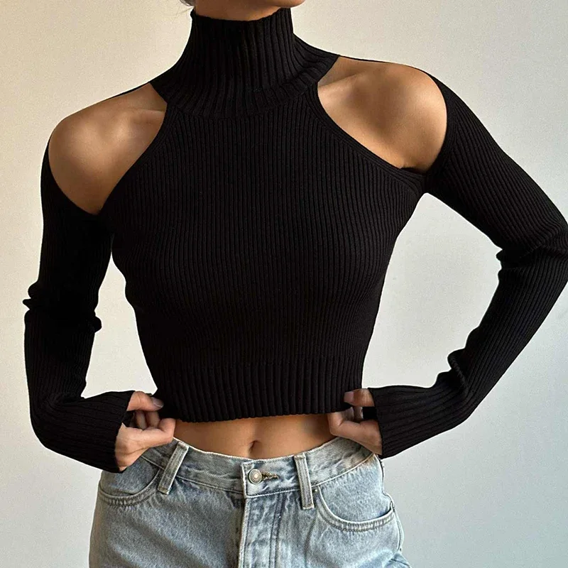 

Weekeep Basic Black Turtleneck Sweater Pullovers Hollow Out Off Shoulder Skinny Casual Sweaters Streetwear Women Knitwear Jumper