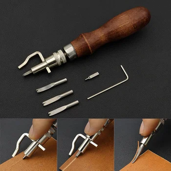 Kit di Strumenti per Lavorazione del Cuoio con Scanalatore e Smussatore Regolabile, Attrezzi Manuali Fai-da-Te per Cucire il Cuoio con Manico in Legno