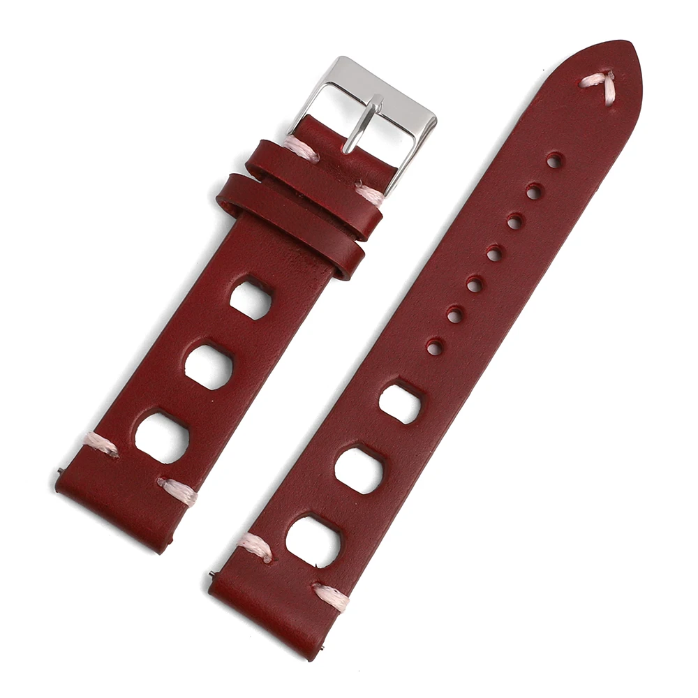 Vintage Genuine Leather Racing Watch Band with Quick Release and Breathable Design, Handmade Stitching