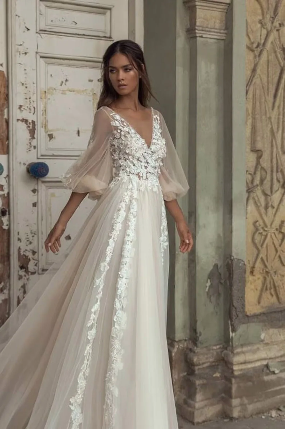 Lace A-Line Beach Wedding Dress | Puffy Sleeves