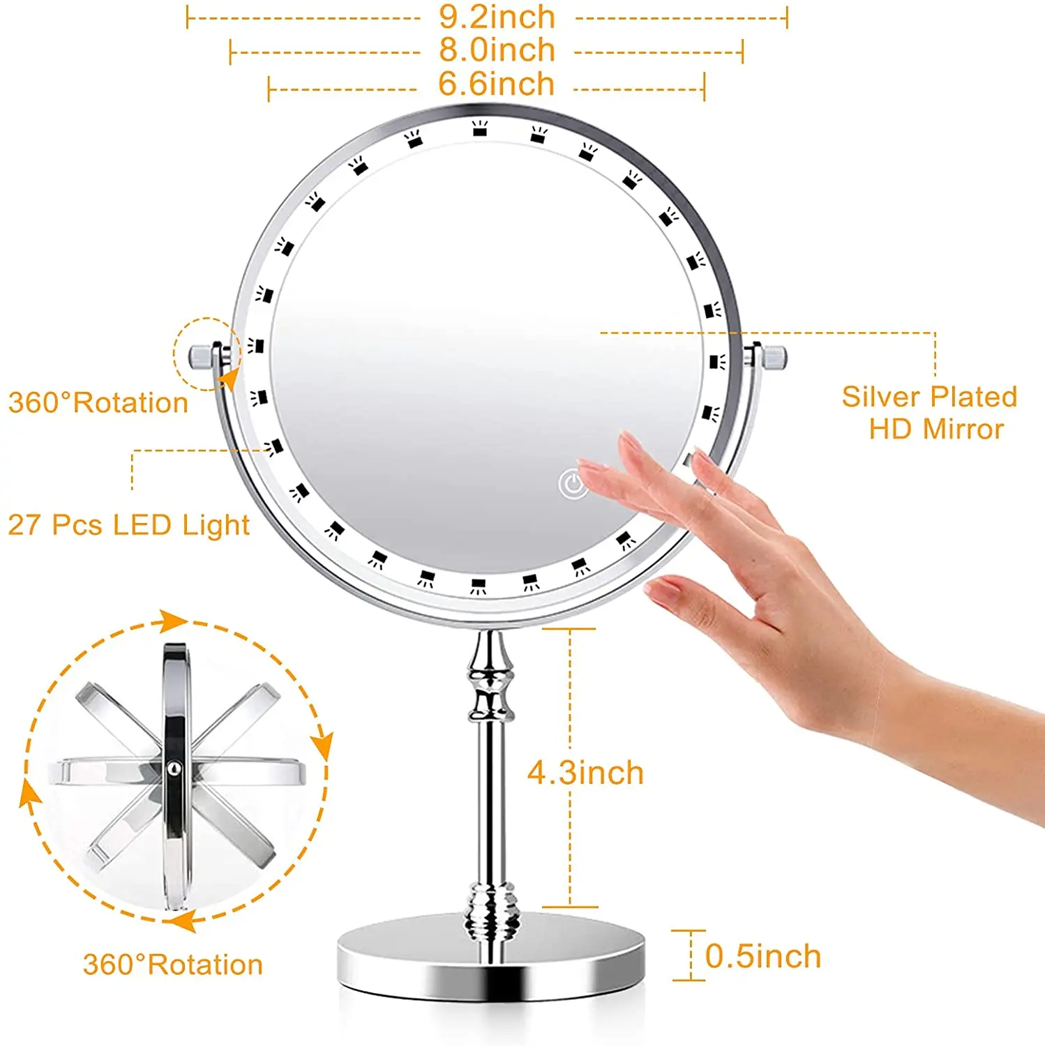 Miroir de maquillage de bureau chromé, 7 pouces, grossissement 3X, miroirs de maquillage HOMakeup, visage illuminé par LED, touristes