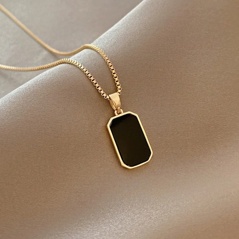 New Trendy Stainless Steel Black Square Pendant Necklace Non Tarnish
