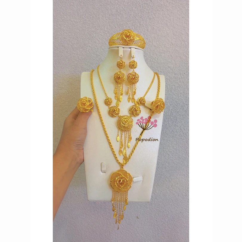 

Новый Ближний Восток Дубай 24K позолоченное ожерелье, серьги, браслеты-кольца, Свадебная вечеринка набор украшений для женщин DD10355