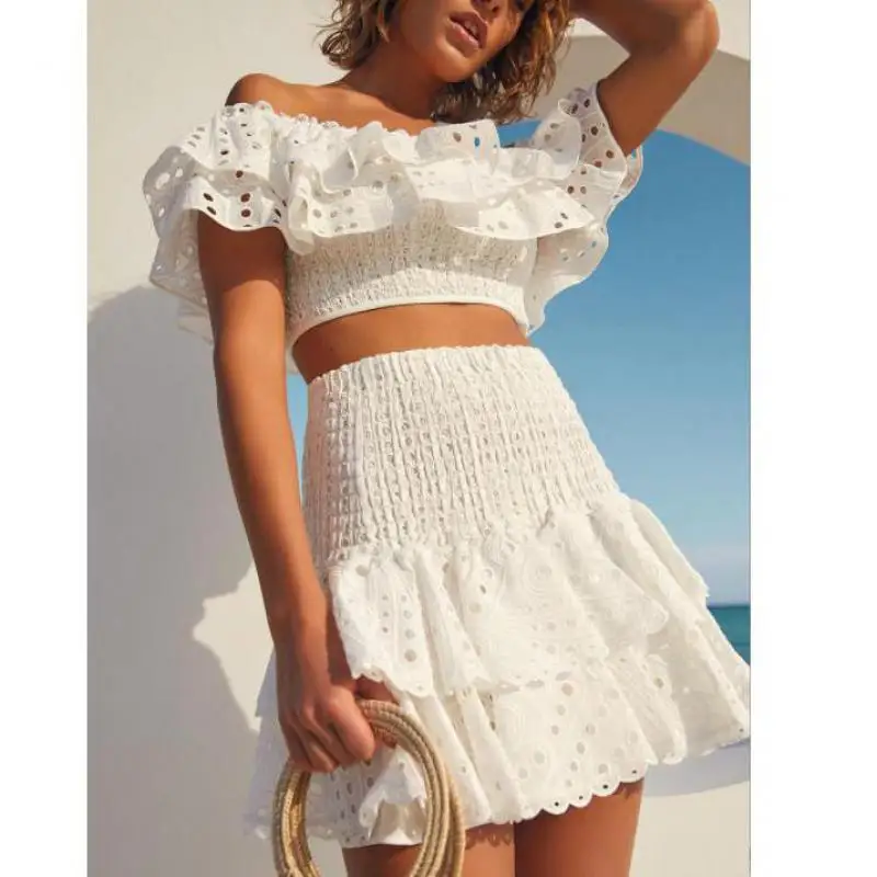 

Летний элегантный многослойный комплект из двух предметов во французском стиле с высокой талией, вырезом лодочкой и рукавом-бабочкой, праздничная пикантная одежда с открытыми плечами