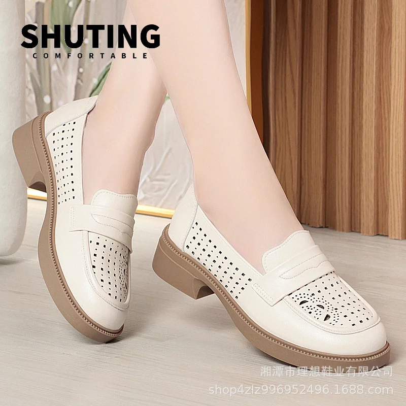 Summer New Fashion Cute Round Toe Soft Sole Non-slip Hollow Single Shoes Breathable Casual Soft Leather Women's Shoes