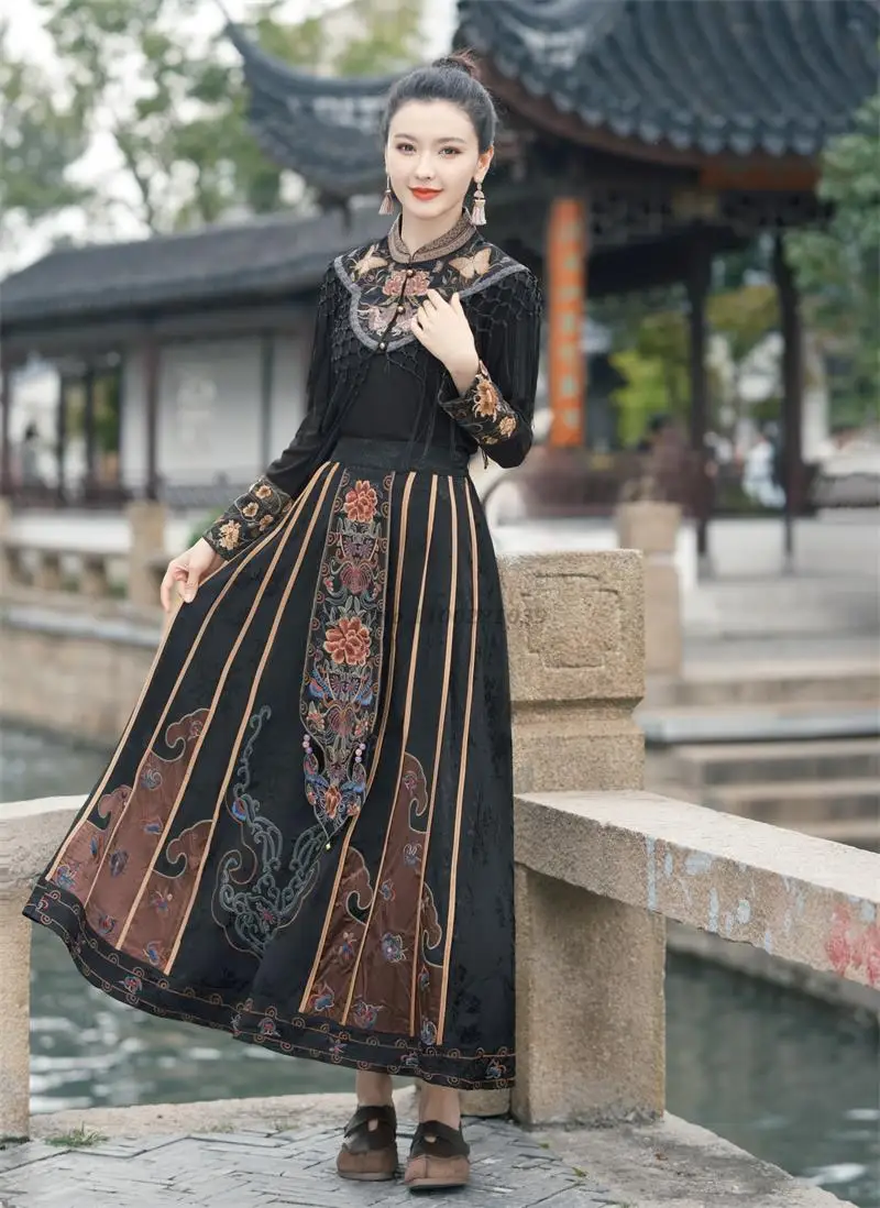 chinese vintage satin jacquard skirt national flower embroidery elastic waist skirt ethnic a-line women streetwear