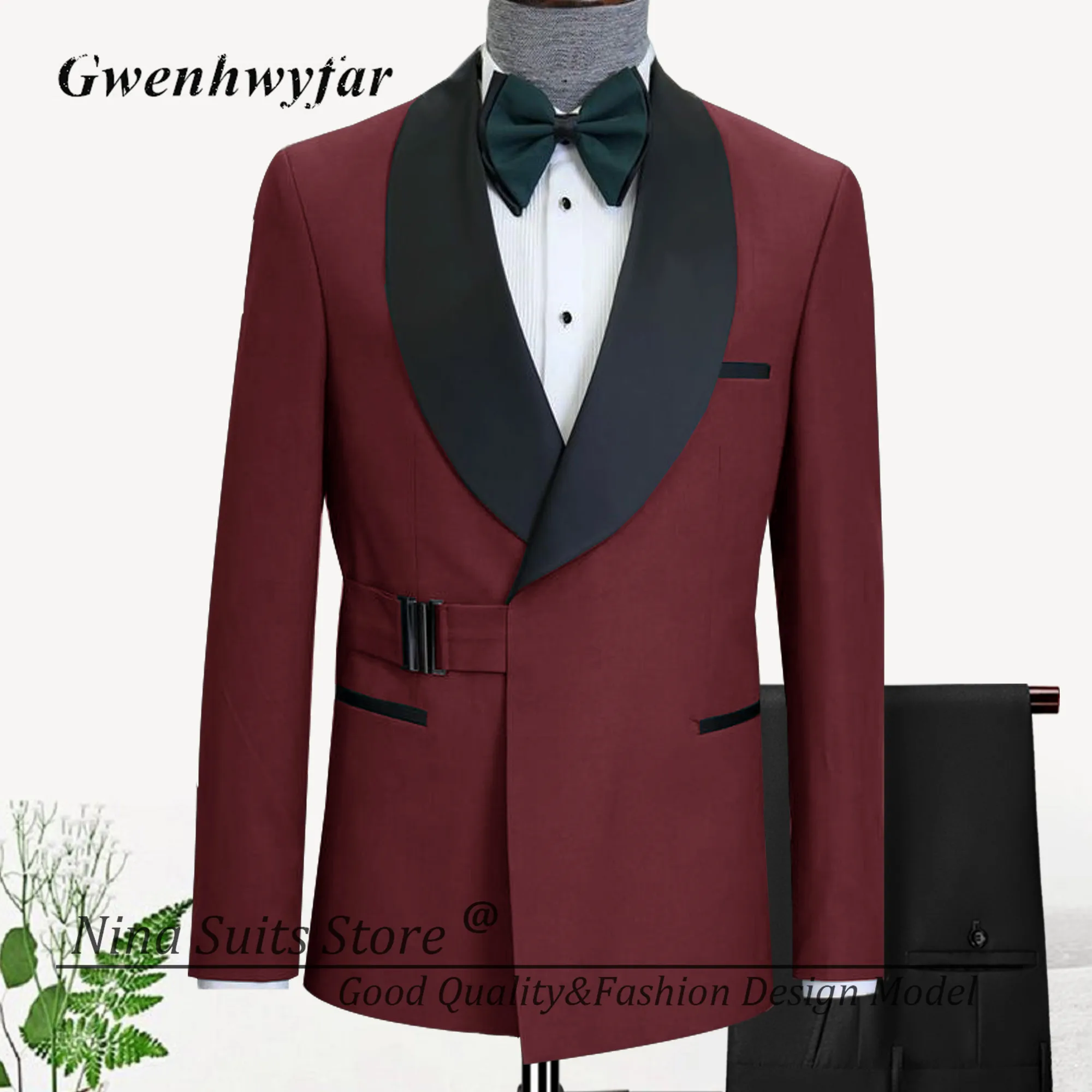 G&N Men Suit Grey Blazer with Black Buckle Fashion Designed Wedding Groom Tuxedos 2 Pieces Suit Shawl Lapel Jacket Pants set
