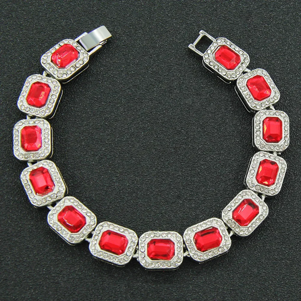 

2022 New Hip Hop Square Red Cz Stone Tennis Chain Bracelets For Men Women Gold Silver Color Anklet Jewelry Dropshipping 7inch