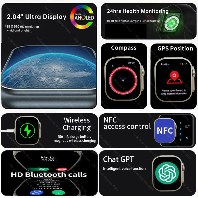 2025 New Hello Watch 4 Plus Ultra 2 Smartwatch 49mm 4G ROM NFC GPT GPS Compass Clock Bluetooth Call Smart Watch Men Women 3 Plus 3